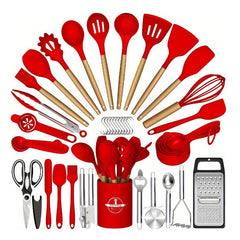 44-Piece Silicone Kitchen Utensil Set with Wooden Handles