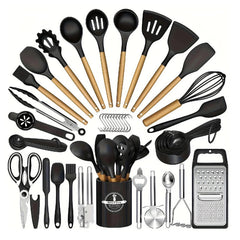 44-Piece Silicone Kitchen Utensil Set with Wooden Handles