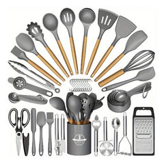 44-Piece Silicone Kitchen Utensil Set with Wooden Handles