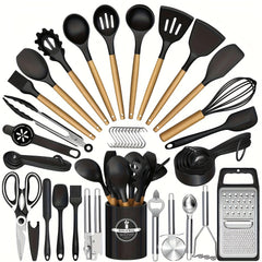 44-Piece Silicone Kitchen Utensil Set with Wooden Handles