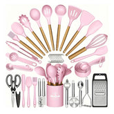 44-Piece Silicone Kitchen Utensil Set with Wooden Handles