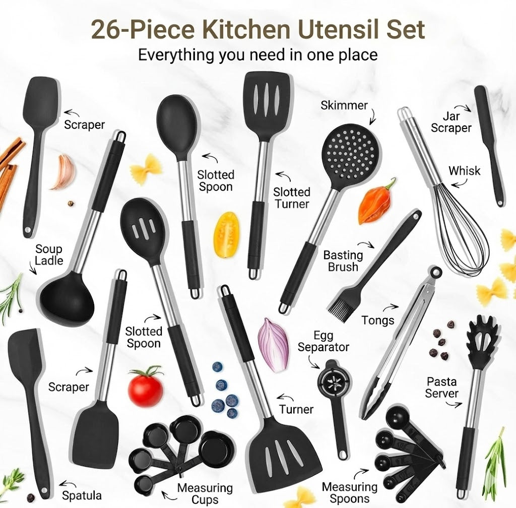 Premium Silicone Kitchen Tool Set - 26 Pieces
