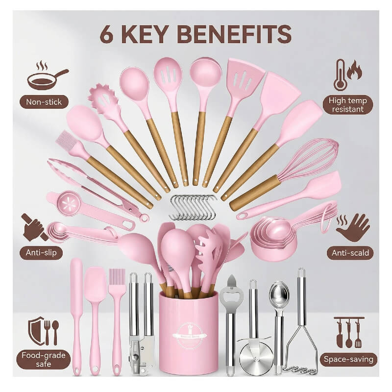 44-Piece Silicone Kitchen Utensil Set with Wooden Handles