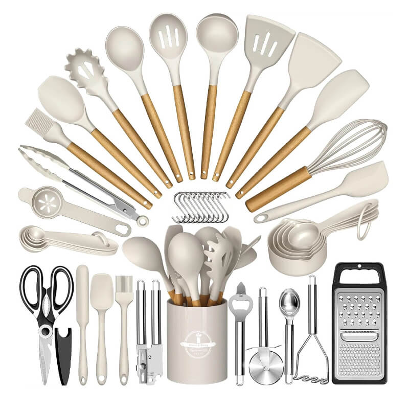 44-Piece Silicone Kitchen Utensil Set with Wooden Handles