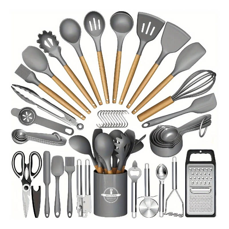 44-Piece Silicone Kitchen Utensil Set with Wooden Handles