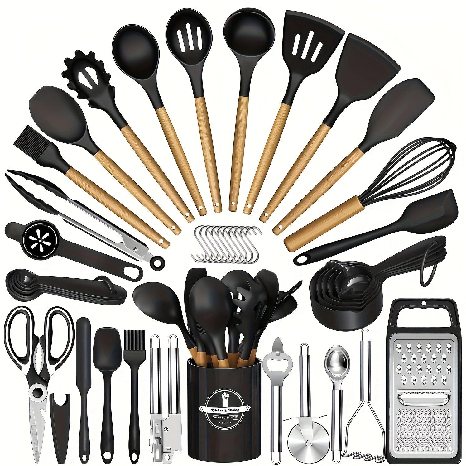 44-Piece Silicone Kitchen Utensil Set with Wooden Handles