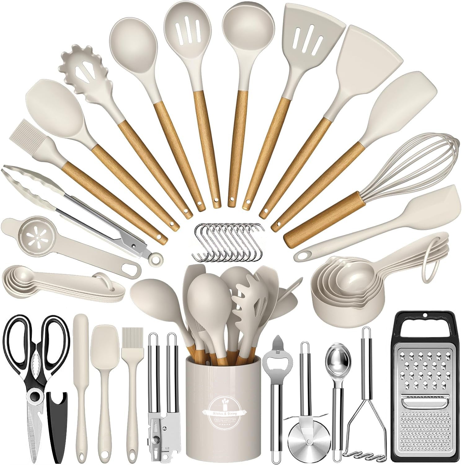 44-Piece Silicone Kitchen Utensil Set with Wooden Handles