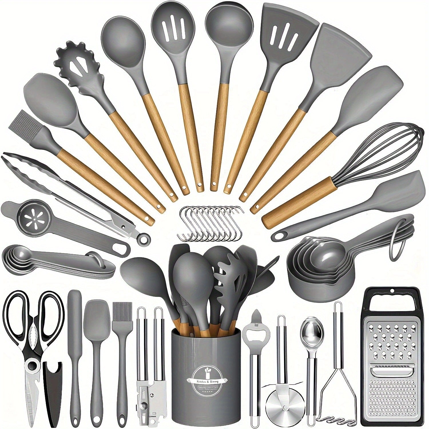 44-Piece Silicone Kitchen Utensil Set with Wooden Handles