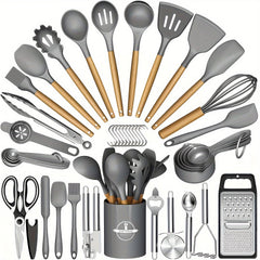 44-Piece Silicone Kitchen Utensil Set with Wooden Handles