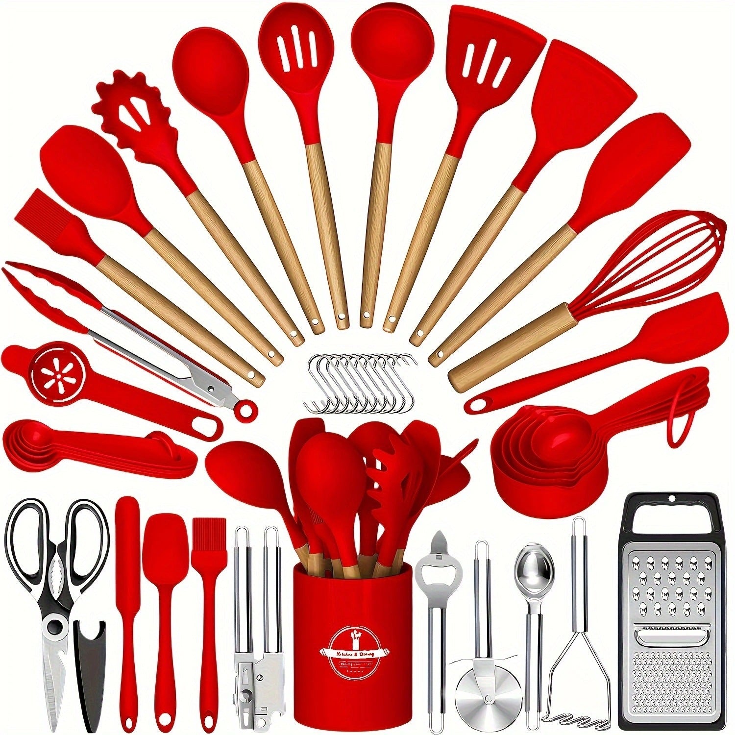 44-Piece Silicone Kitchen Utensil Set with Wooden Handles
