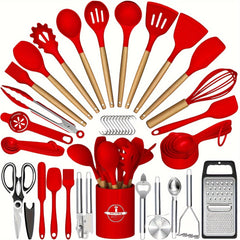 44-Piece Silicone Kitchen Utensil Set with Wooden Handles