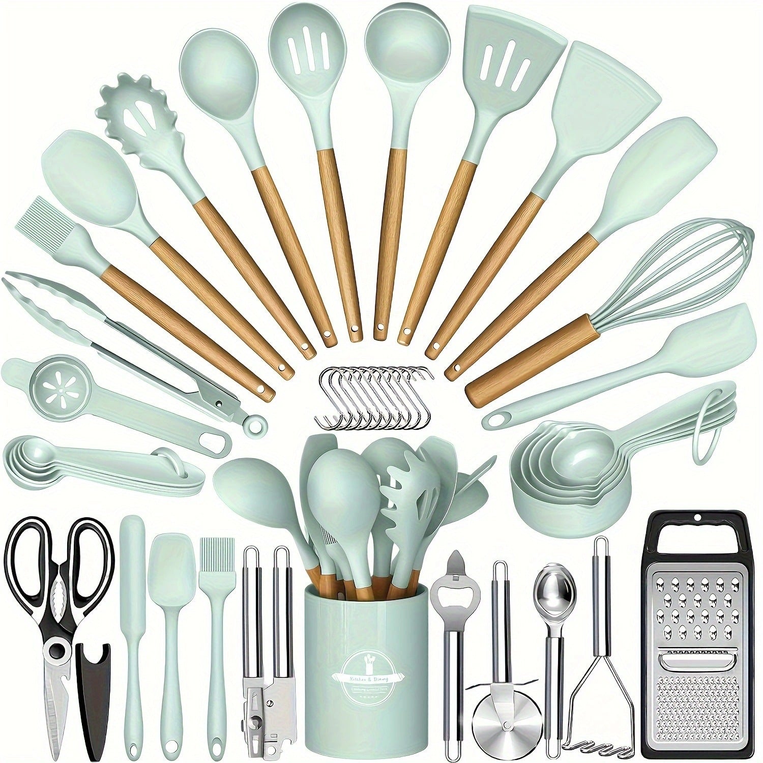 44-Piece Silicone Kitchen Utensil Set with Wooden Handles