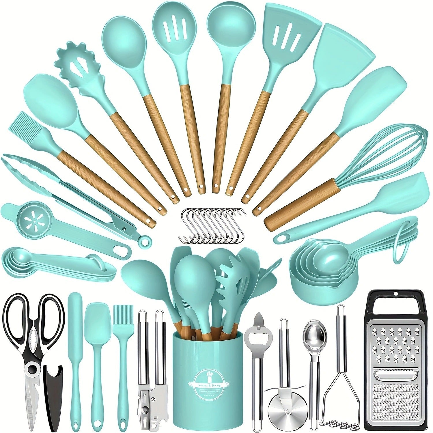 44-Piece Silicone Kitchen Utensil Set with Wooden Handles