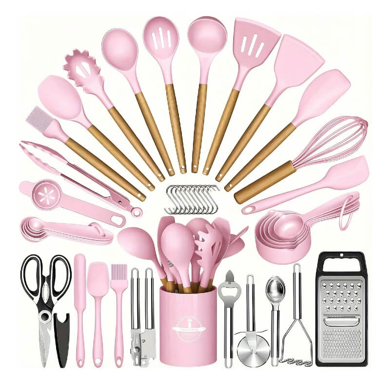 44-Piece Silicone Kitchen Utensil Set with Wooden Handles