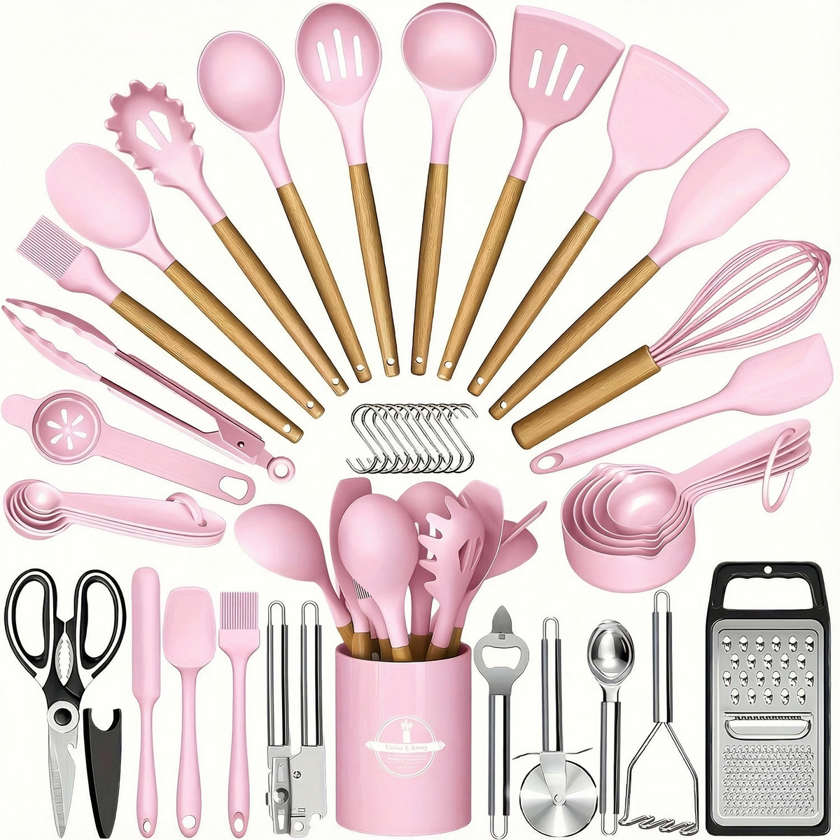 44-Piece Silicone Kitchen Utensil Set with Wooden Handles