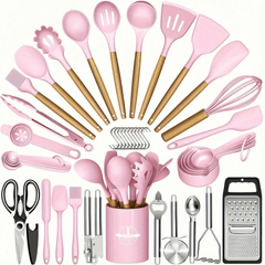44-Piece Silicone Kitchen Utensil Set with Wooden Handles