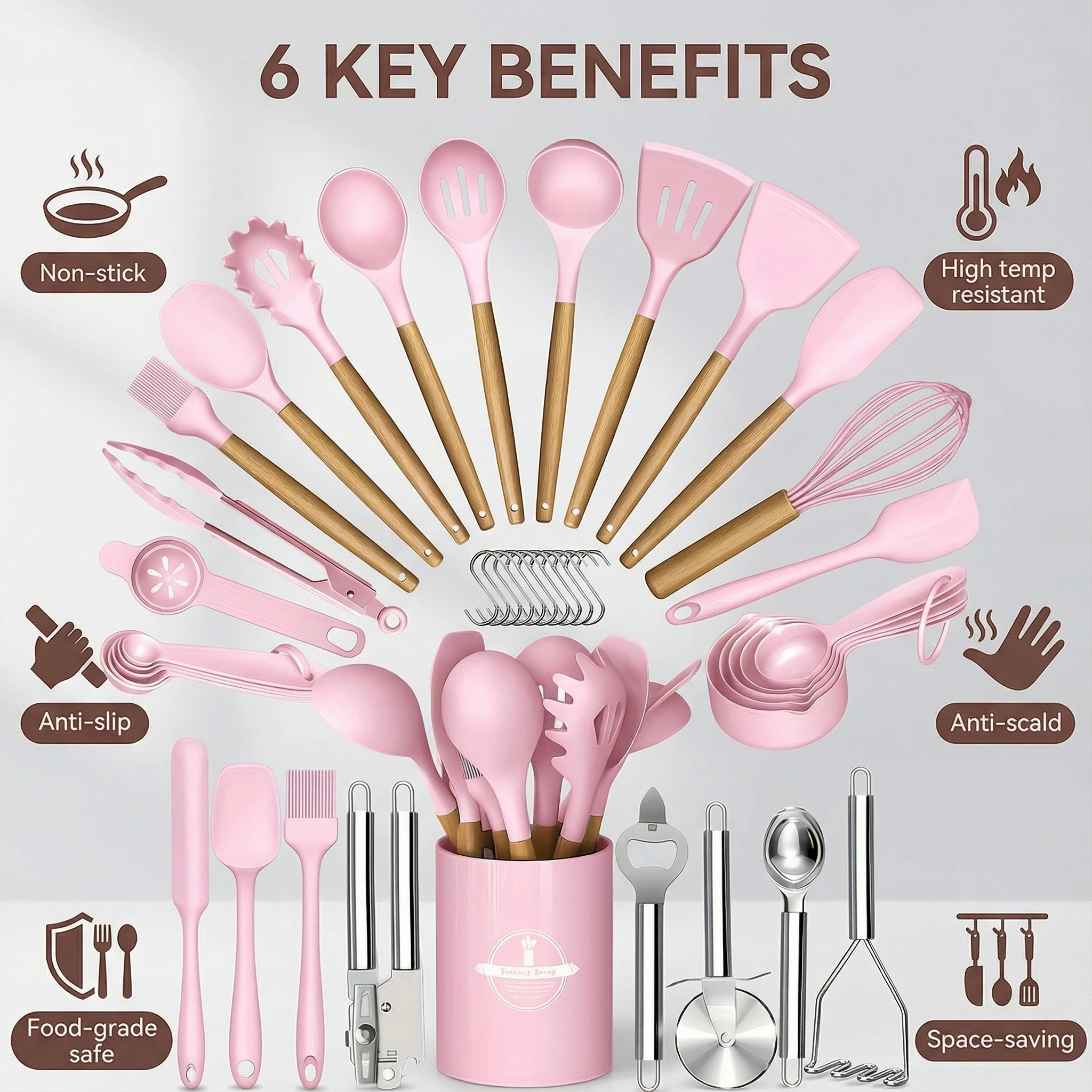 44-Piece Silicone Kitchen Utensil Set with Wooden Handles