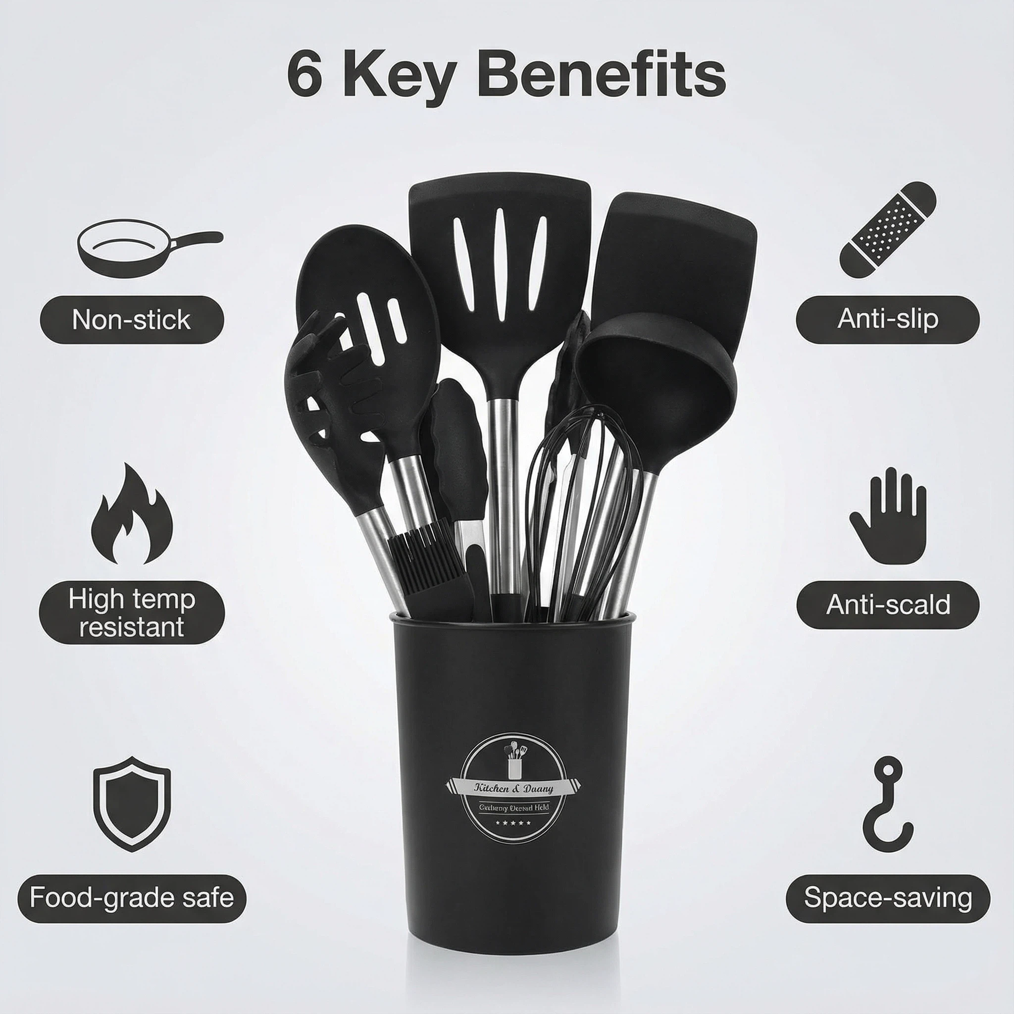 15-Piece Silicone Kitchen Utensil Set with Stainless Steel Handles