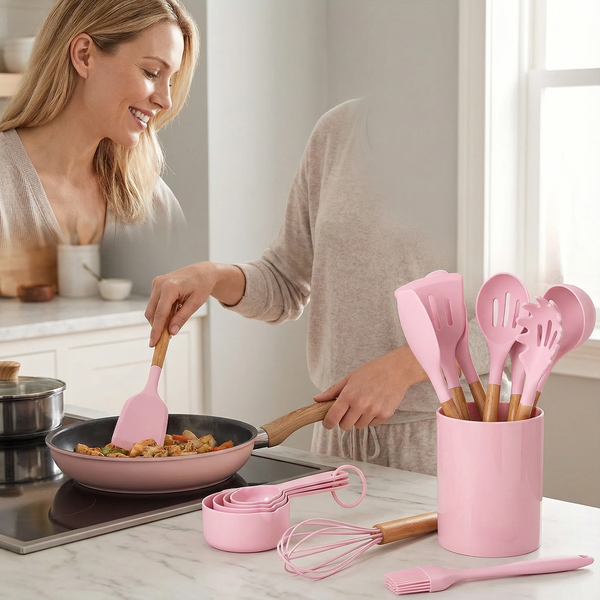 44-Piece Silicone Kitchen Utensil Set with Wooden Handles