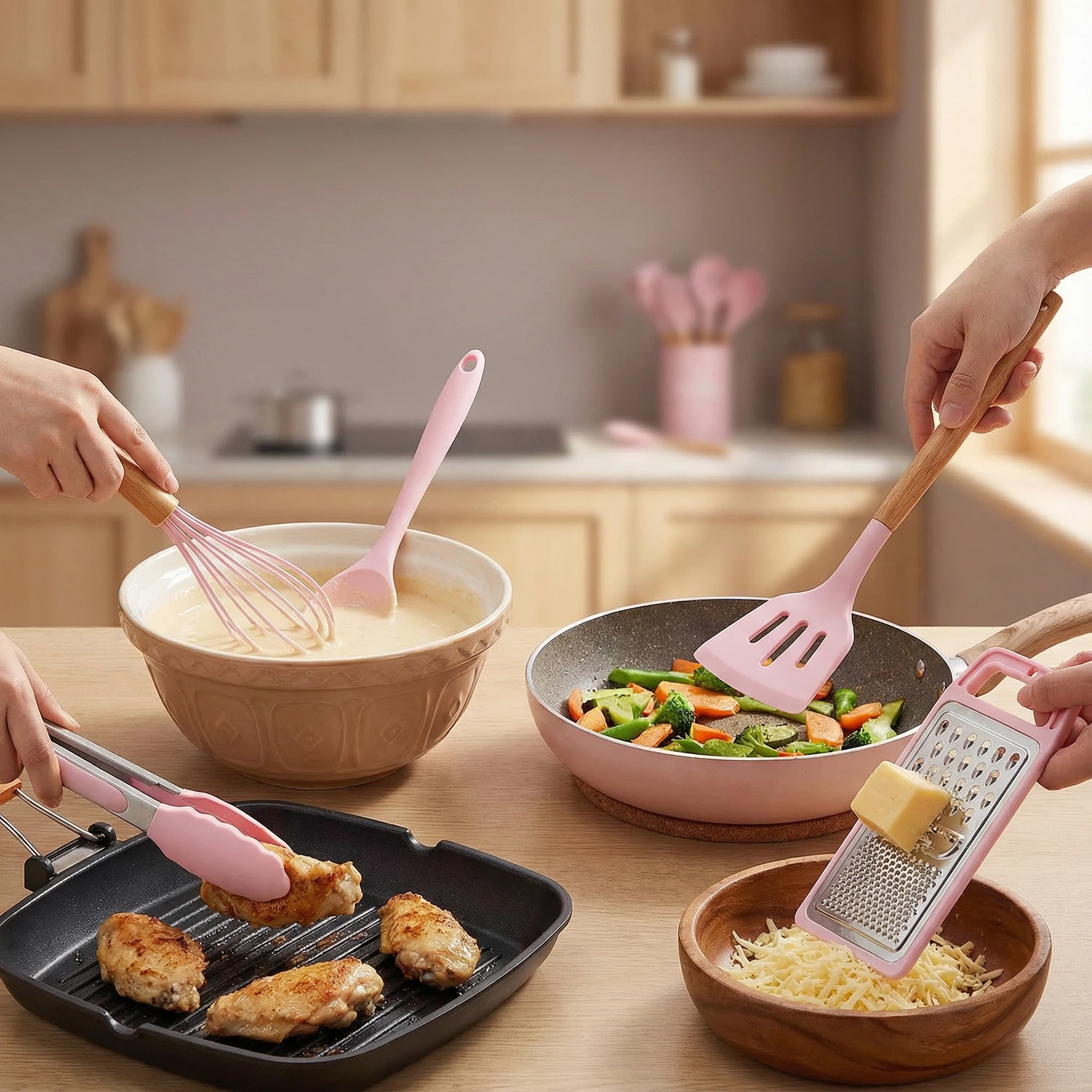 44-Piece Silicone Kitchen Utensil Set with Wooden Handles