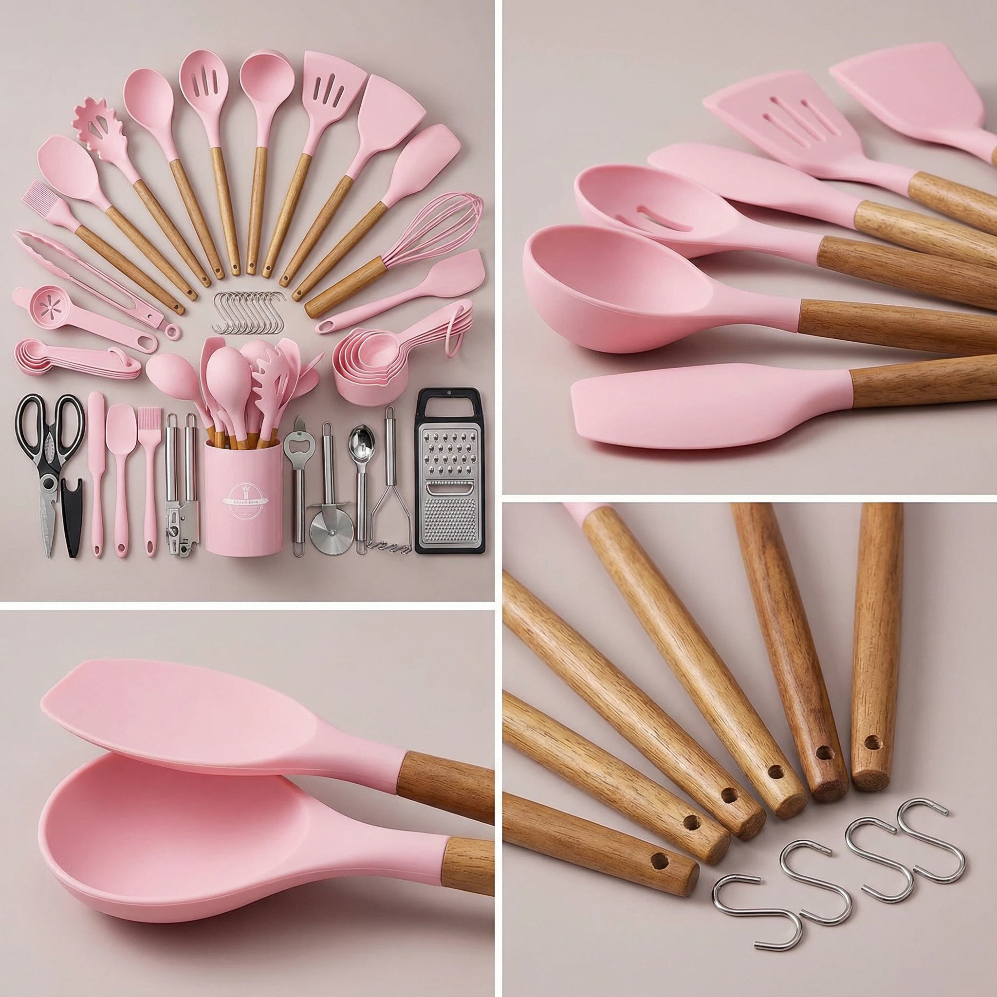 44-Piece Silicone Kitchen Utensil Set with Wooden Handles