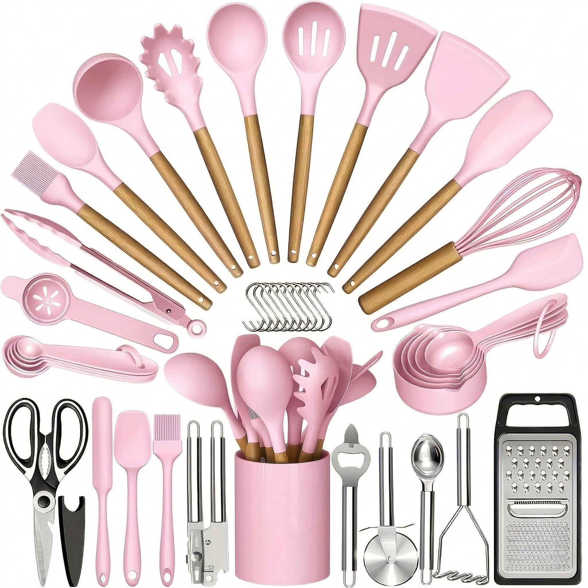 44-Piece Silicone Kitchen Utensil Set with Wooden Handles