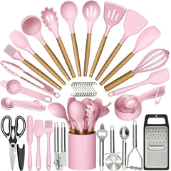 44-Piece Silicone Kitchen Utensil Set with Wooden Handles